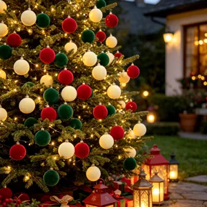 Detailansicht von beflockten Christbaumkugeln im Außenbereich mit warmen Lichterketten und Laternen