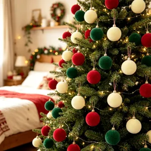 Weihnachten Samt beflockte Kugeln Dekorationen, rot weiß grün Baum hängende Ornamente Detail.