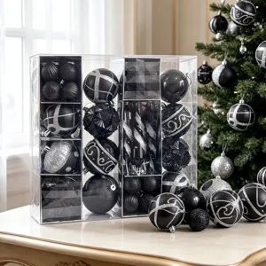 Schwarze silberne Weihnachtskugeln Geschenkbox Set Detailansicht für Christbaum Dekoration.