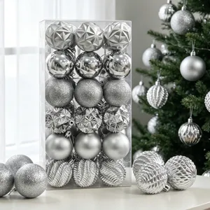 Silberne Christbaumkugeln Set 36 Stk. bruchsichere Kunststoffornamente für Weihnachtsbaum