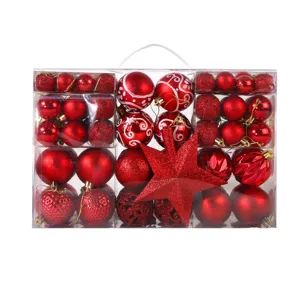 Weihnachtsbaum Deko Set rote Christbaumkugeln mit großer Baumspitze in transparenter Box