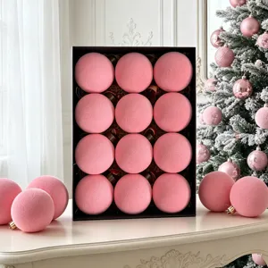 Rosa Samt Weihnachtskugeln Set in schwarzer Geschenkbox, elegante Weihnachtsbaumdeko.
