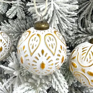 Weiß goldene geprägte Christbaumkugeln vintage Weihnachtsbaum Deko Hängekugeln 8cm