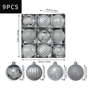 9 Stk. 6cm silberne Christbaumkugeln Set, galvanisierte Kunststoff hängende Dekokugeln.
