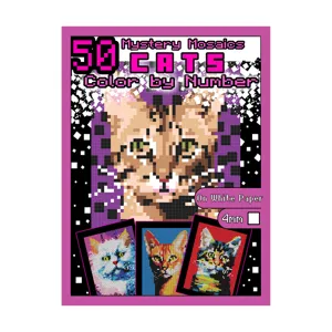 Mystery mosaics cats color by number book with 50 pixel art designs on white paper.