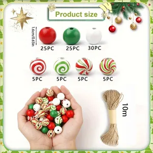 100pcs Christmas wooden beads set with colorful spiral patterns and 10m jute rope for DIY crafts.
