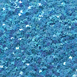 Blue butterfly PVC sequins for nail art and DIY craft accessories, bulk glitter pack.