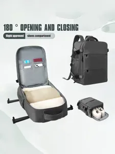 Reise Rucksack Detailansicht mit 180 Grad oeffnung Hauptfach und separatem Schuhfach.