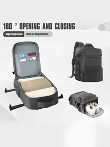 Detailansicht des Reiserucksacks mit 180-Grad-Öffnung, Schuhfach und praktischen Fächern.