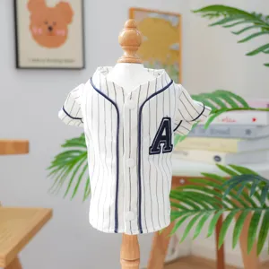 Pet dog baseball shirt stylish striped puppy clothes with button closure and letter embroidery.