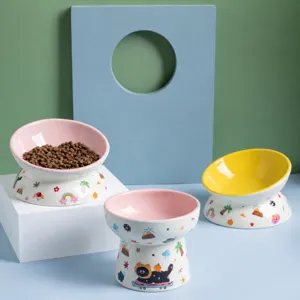 Ceramic raised cat bowl pet food water bowl with anti-slip base and cute cartoon design for pets.