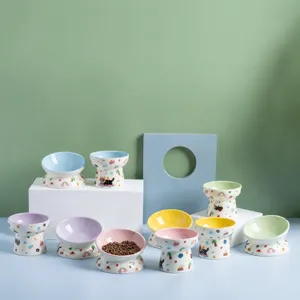 Elevated ceramic cat bowl set, cute pet food and water feeder with anti-vomiting design.