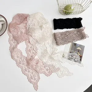 Foulard Long et Fin en Dentelle Vintage Française Broderie Florale Ruban Élégant Bandeau Noeud Papillon