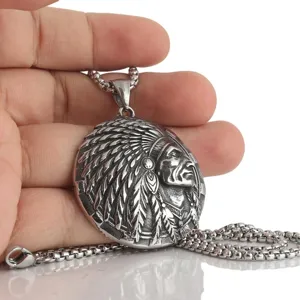 Stainless Steel Indian Chief Pendant Necklace Vintage Silver Feather Jewelry Men Gift