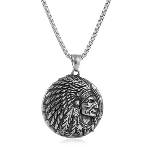 Vintage titanium steel Indian chief pendant necklace, detailed silver tone jewelry piece.