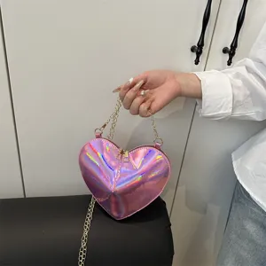 Pink holographic heart crossbody bag, shiny patent leather mini shoulder bag with gold chain