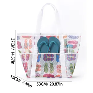 Large capacity mesh beach bag with multi-pockets, portable travel shoulder bag for summer.