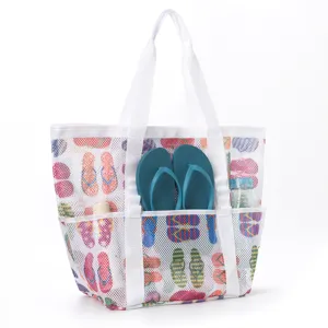 Large capacity mesh beach bag with colorful flip flops print, multi pocket travel shoulder tote.
