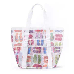 Large capacity mesh beach bag with colorful flip-flop print, breathable white swim tote bag.