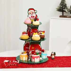 Christmas 3-tier paper cupcake stand with Santa topper, perfect holiday dessert table display.