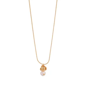 Elegant gold-tone chain necklace featuring a delicate rose pendant and a natural freshwater pearl.