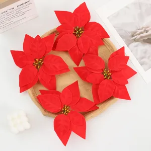 Red artificial poinsettia flower heads, double layer petals for Christmas home party decor.