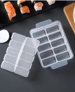10-Fächer Plastik Sushi Form Set mit Deckel, transparentes Design für einfache Reisbälle.