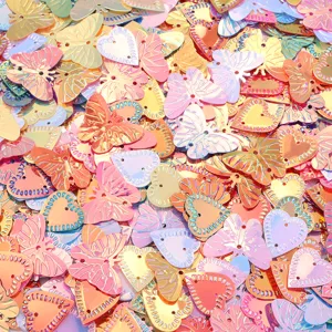 Mixed color butterfly and heart sequins for slime filling and DIY craft sewing decor.