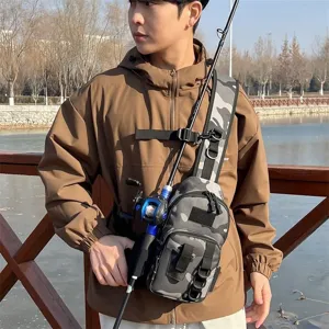 Outdoor tactical camouflage fishing sling bag detail shot, waterproof single shoulder lure pack.