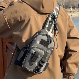 Waterproof camo tactical fishing sling bag, outdoor multi-functional lure chest bag.