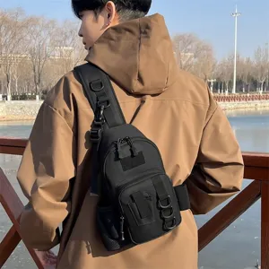 Multifunctional tactical sling fishing bag, durable black crossbody gear pack for outdoor sports.