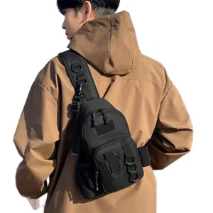 Multifunctional tactical black sling chest bag for outdoor fishing sports and daily use.