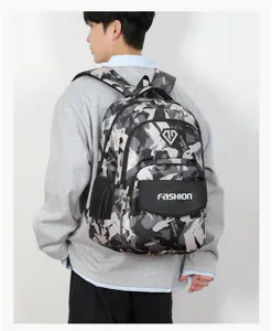 Detail view of the camouflage casual backpack showing spacious compartments and durable fabric.