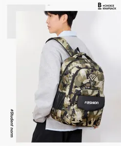Detailed shot of casual camo backpack worn by model, showcasing side view, pocket, and material.