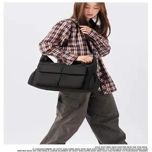 Borsa a tracolla nera in tela da donna, stile cargo retro borsa a spalla di grande capacita.