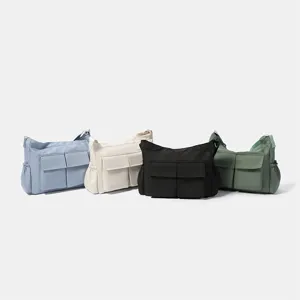 Borsa a tracolla in tela retrò da donna, grande shopper casual con tasche multiple.