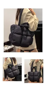 Zwarte Puffer Tote Tas Gewatteerde Schoudertas Zachte Vierkante Raster Handtas voor Vrouwen