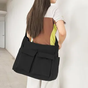 Large capacity black canvas messenger bag with multi pockets for daily use and college.