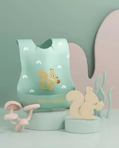 Waterproof baby bib with cute squirrel and rainbow pattern, ideal for infant feeding time.