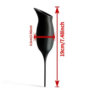 Detail view of the black wine glass shaped automatic plant watering device with dimensions.