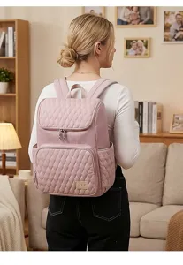 Elegante mochila cambiador acolchada rosa de gran capacidad para mamás modernas.