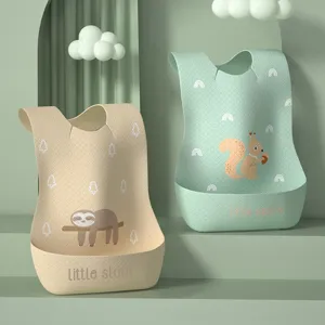 Waterproof silicone baby bib with crumb catcher, cute cartoon animal design for kids.