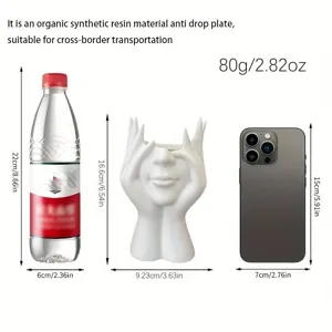 Creative resin human face pen holder makeup brush storage tube detailed dimension scale view.