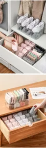 Organizador de almacenamiento de plástico transparente para ropa interior y calcetines con múltiples rejillas.