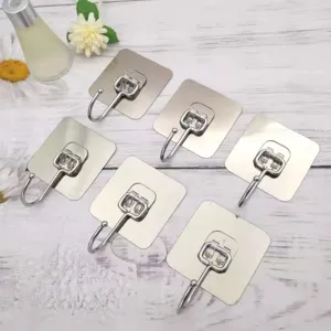 Stainless steel adhesive hooks, heavy-duty punch-free wall hooks for home and kitchen.