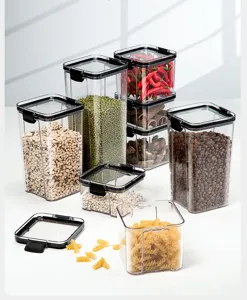 Contenitore per alimenti in plastica trasparente, barattolo ermetico per cereali e snack.