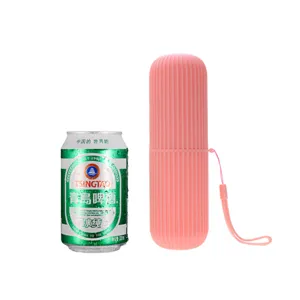 Portable travel toothbrush case pink vertical striped gargle cup dental storage organizer box