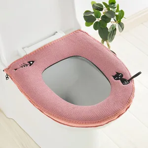 Fundas de asiento de inodoro rosa gruesa de pana con bonito diseño de gato y asa.