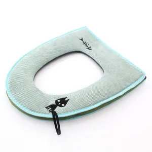 Lindo asiento de inodoro de gato con asa, alfombrilla de bano de pana con cremallera principal.