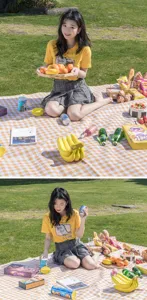 Thickened waterproof outdoor picnic mat, yellow plaid camping blanket for spring outings and beach.